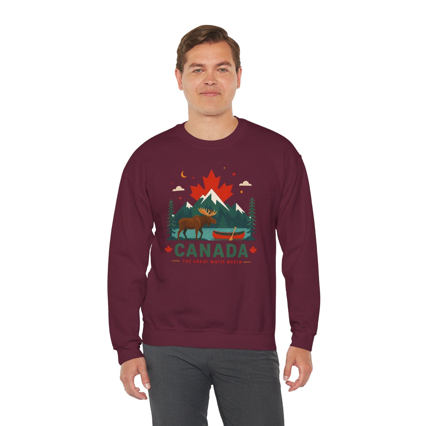 Maroon Canada moose and canoe sweatshirt with colorful mountain graphic and "Canada" text