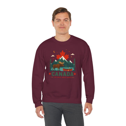 Maroon Canada moose and canoe sweatshirt with colorful mountain graphic and "Canada" text