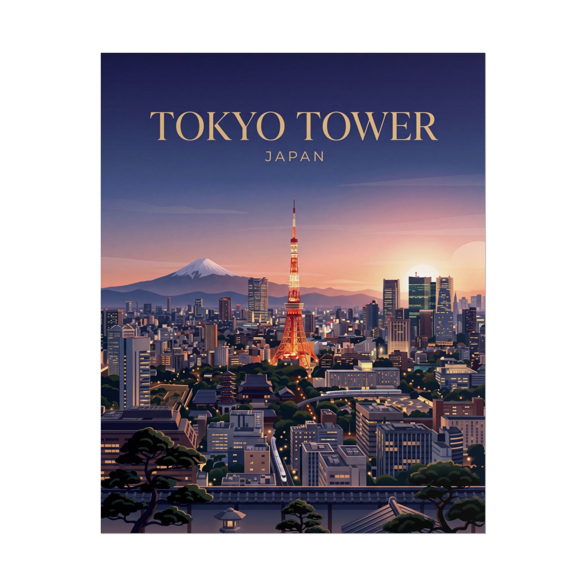 Tokyo Tower cityscape rolled poster, sunset skyline with tall illuminated tower in center