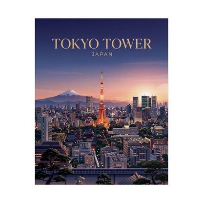 Tokyo Tower cityscape rolled poster, sunset skyline with tall illuminated tower in center