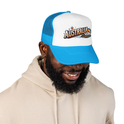 Australia logo trucker cap with white front, blue mesh sides, blue curved brim