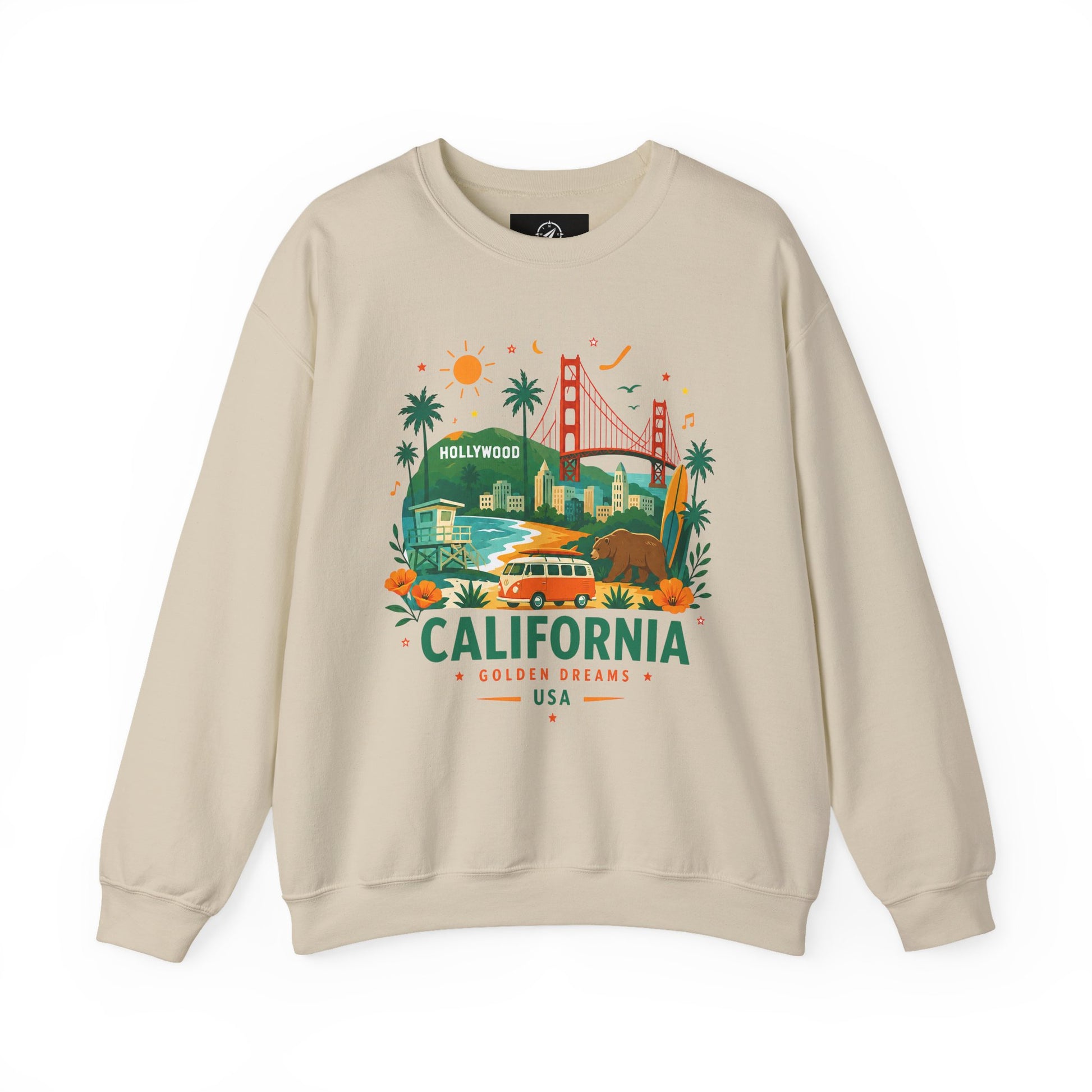 Cream crewneck sweatshirt with California Golden Dreams USA graphic center front.