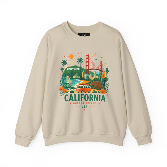 Cream crewneck sweatshirt with California Golden Dreams USA graphic center front.