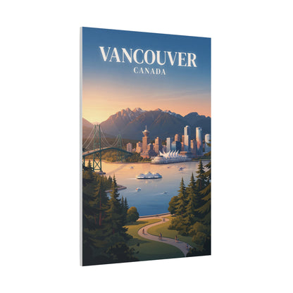 Matte canvas wall art with VANCOUVER title, city skyline, mountains, harbor, and evergreen trees.