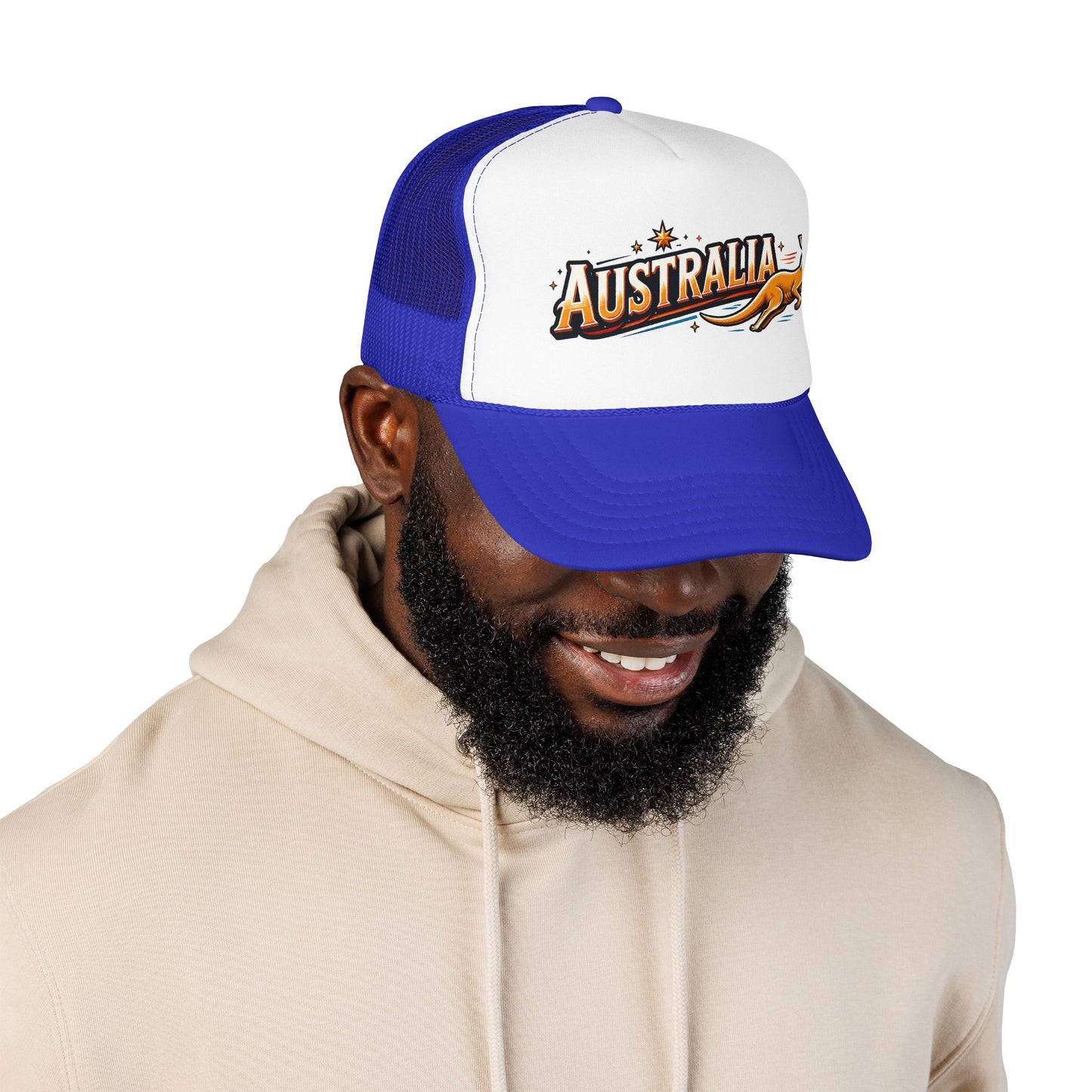 Australia trucker hat with blue and white panels, curved brim, and front logo patch