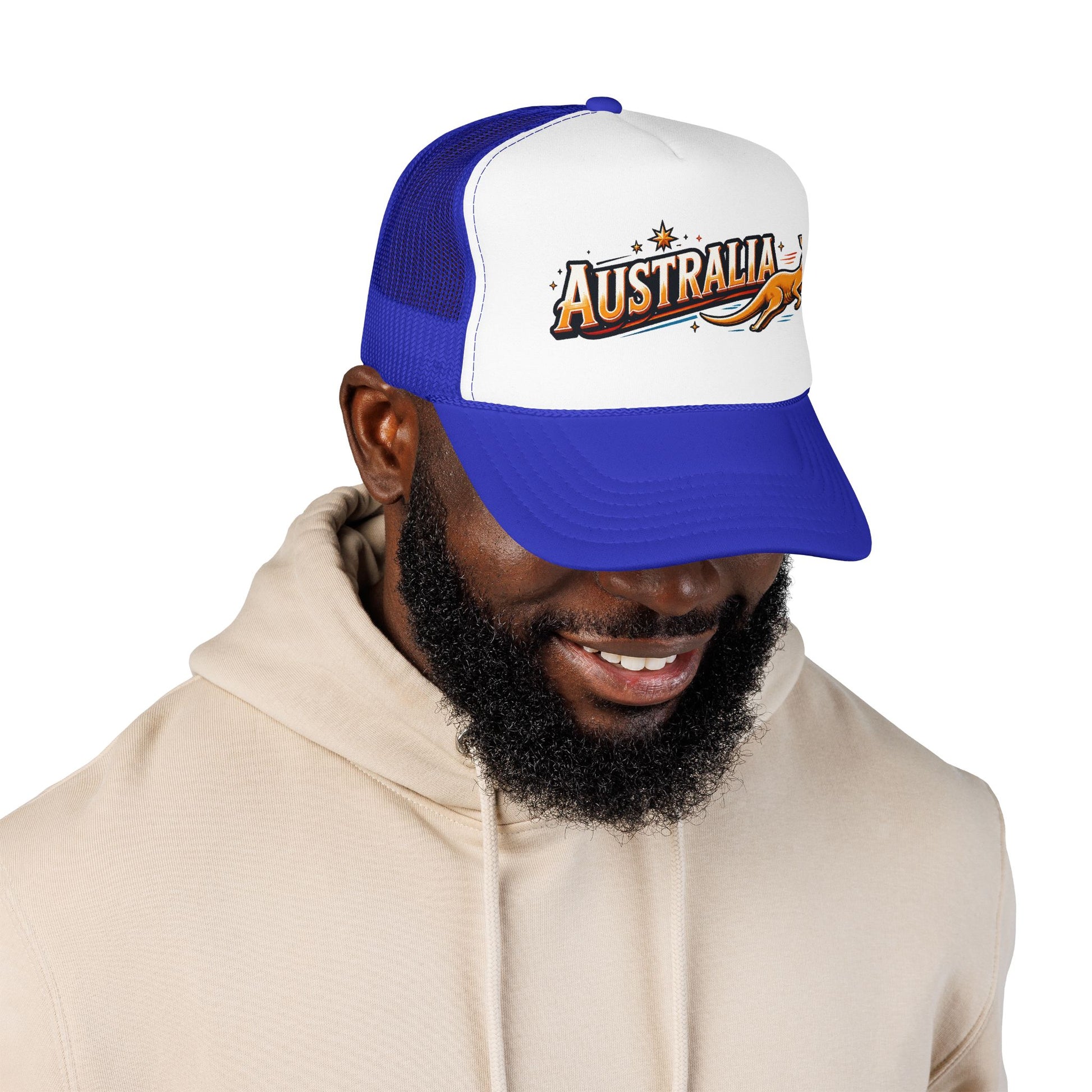Australia trucker hat with blue and white panels, curved brim, and front logo patch