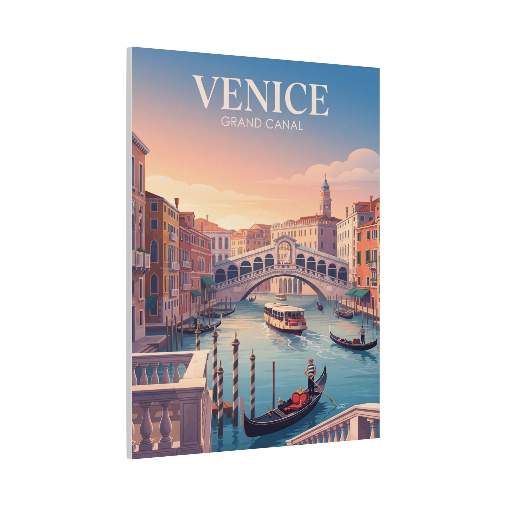 Venice canal matte canvas print showing gondolas, bridge, and pastel sky