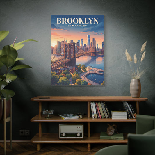 Hanging canvas wall art showing Brooklyn skyline with bridge at sunset, titled BROOKLYN