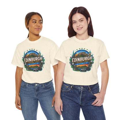 Natural cream graphic travel T-shirt with circular Edinburgh logo print