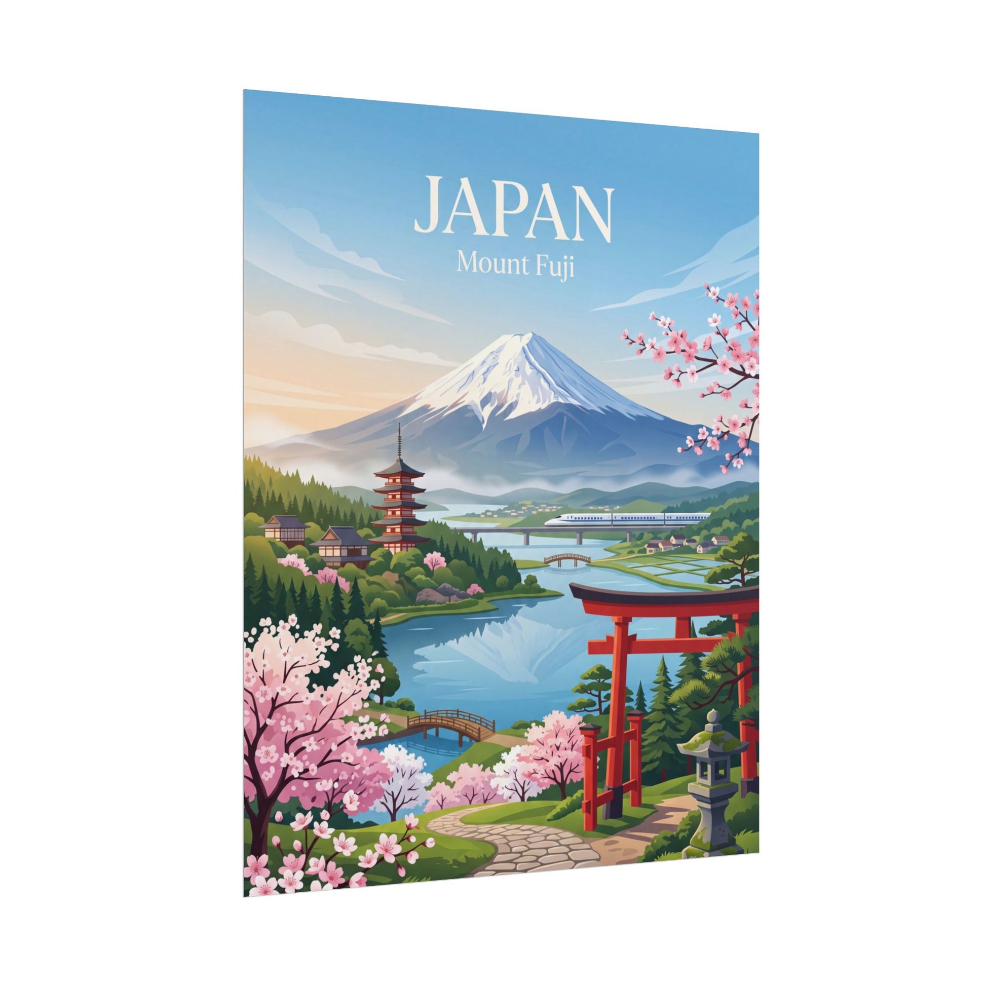 Rolled poster with JAPAN Mount Fuji artwork, red torii gate, and blooming cherry trees
