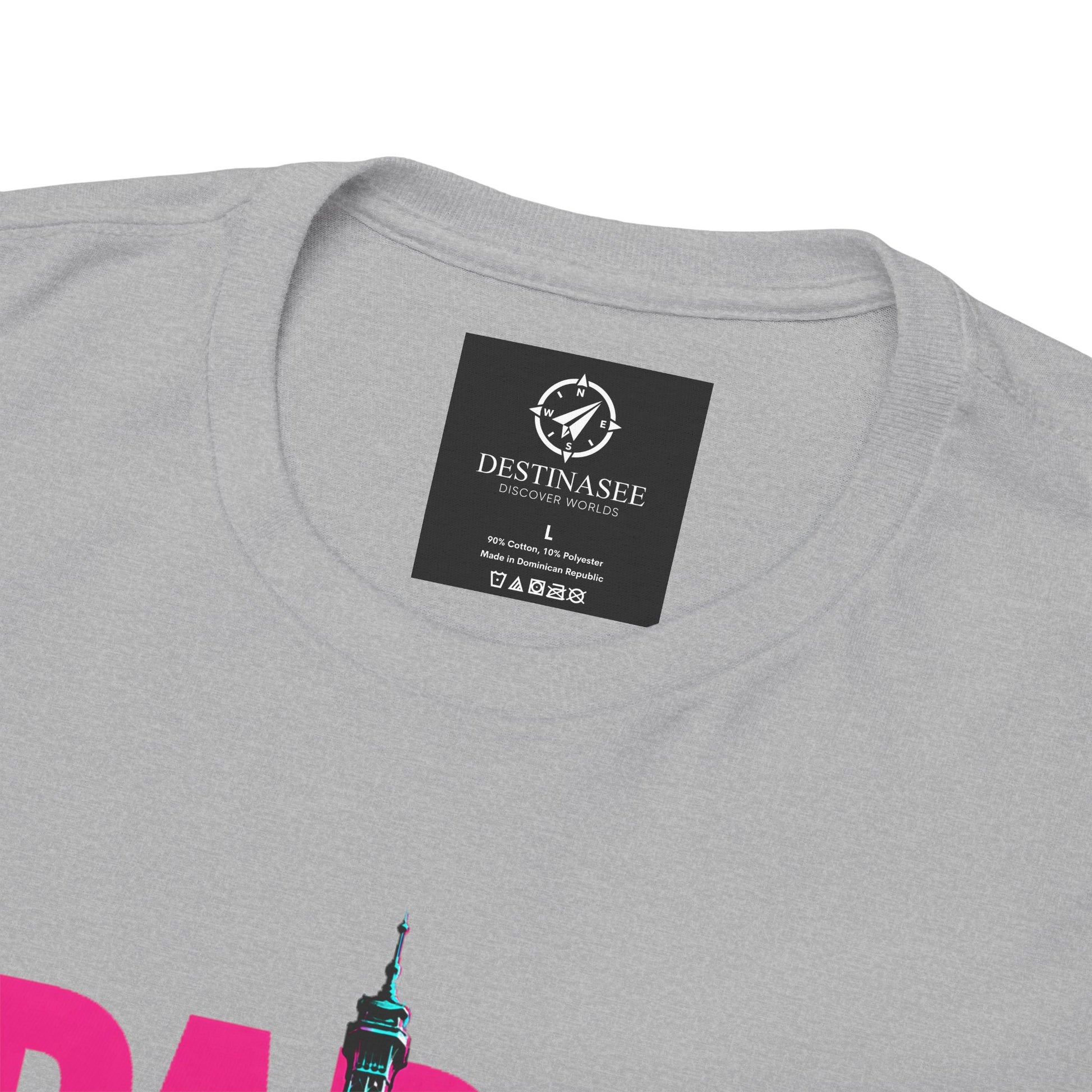 Heather gray crewneck t-shirt close-up of neck label and partial neon Eiffel Tower graphic