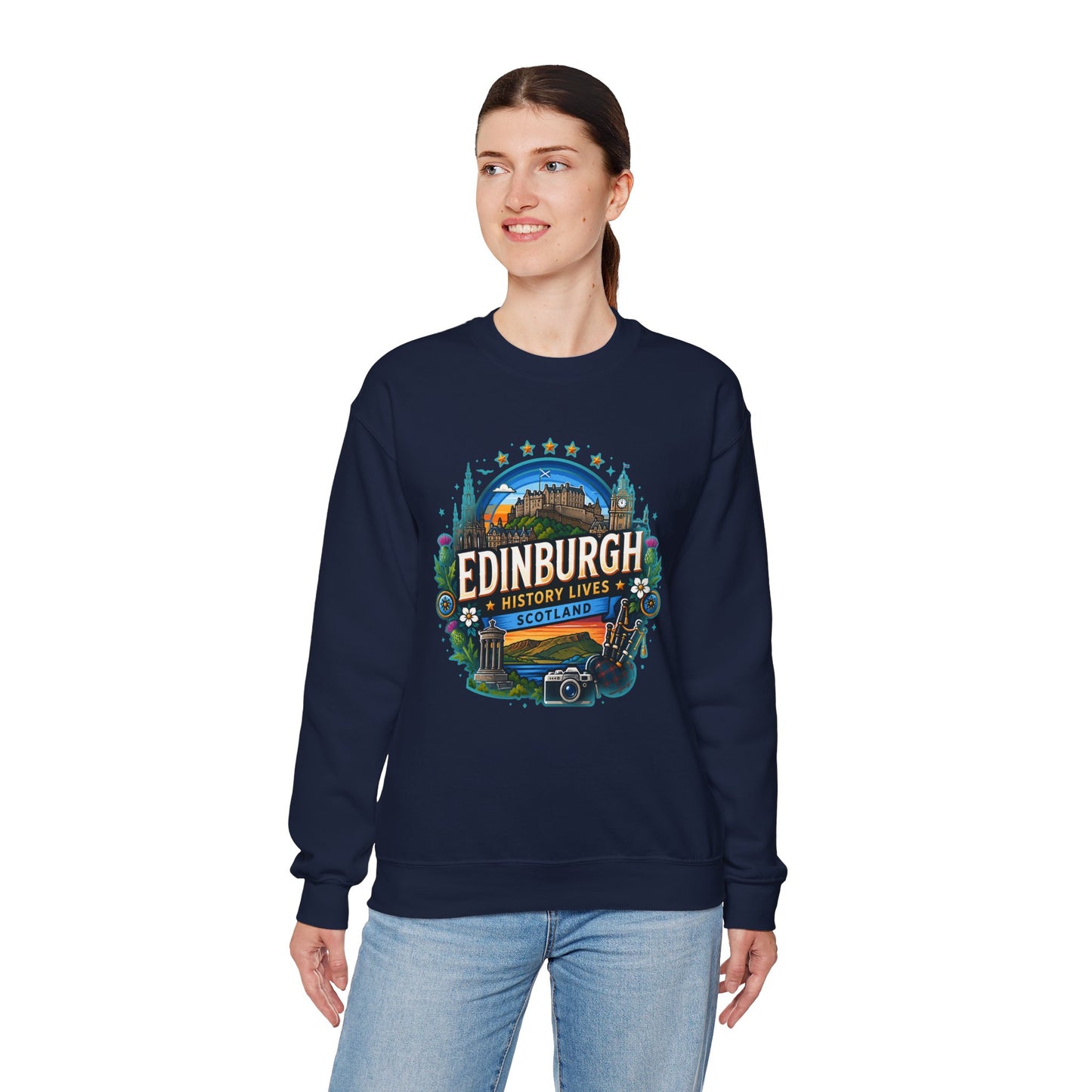 Navy crewneck sweatshirt with front printed Edinburgh graphic logo