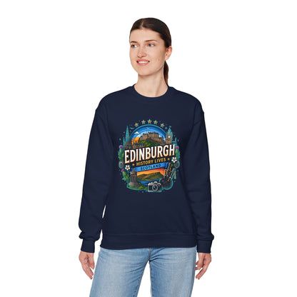 Navy crewneck sweatshirt with front printed Edinburgh graphic logo
