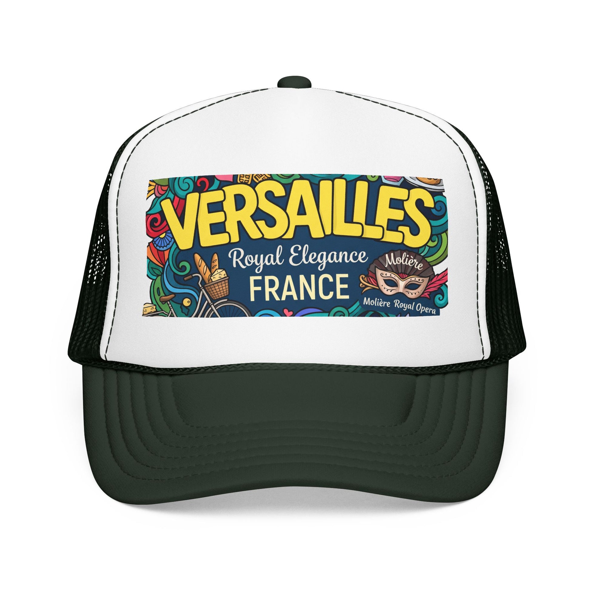 Black and white trucker hat with mesh side panels and colorful 'Versailles France' front patch