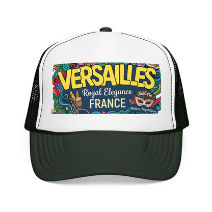 Black and white trucker hat with mesh side panels and colorful 'Versailles France' front patch