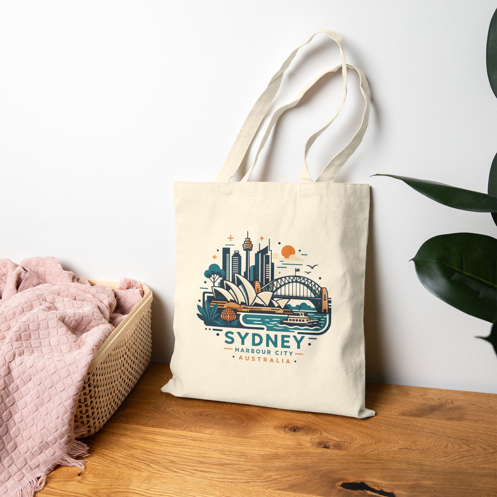 Natural canvas tote bag with Sydney Harbour City graphic