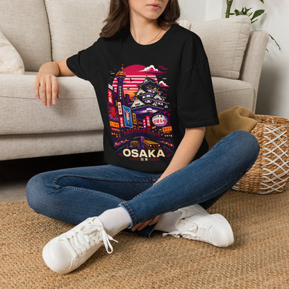 Black crew-neck T-shirt with Osaka cityscape graphic, worn with blue jeans and white sneakers