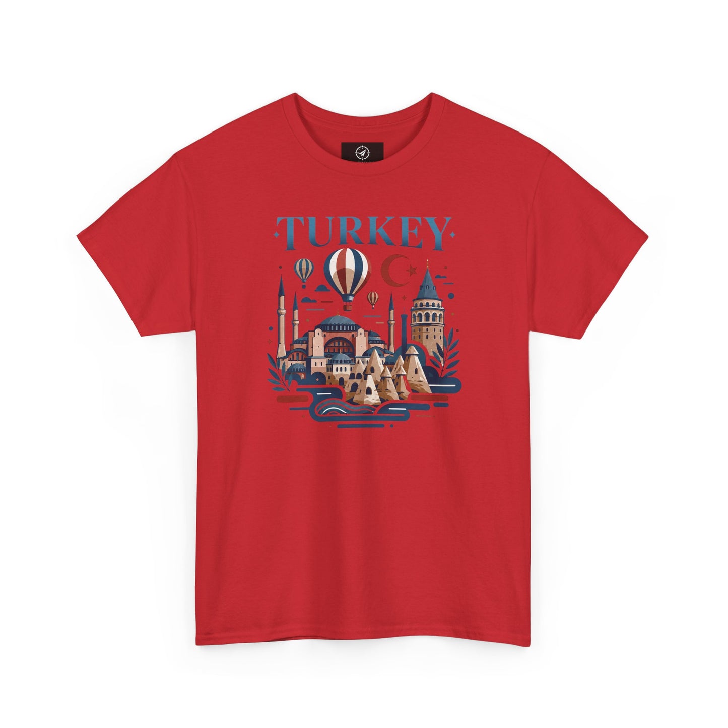 Red crew-neck T-shirt with Turkey skyline and hot air balloon graphic