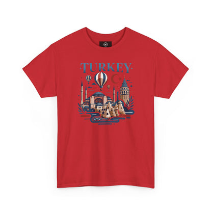 Red crew-neck T-shirt with Turkey skyline and hot air balloon graphic