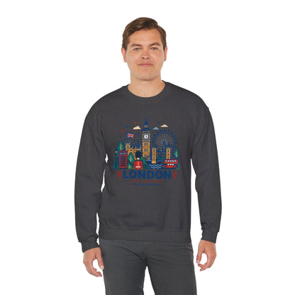 Dark gray crewneck sweatshirt with colorful London skyline graphic on front