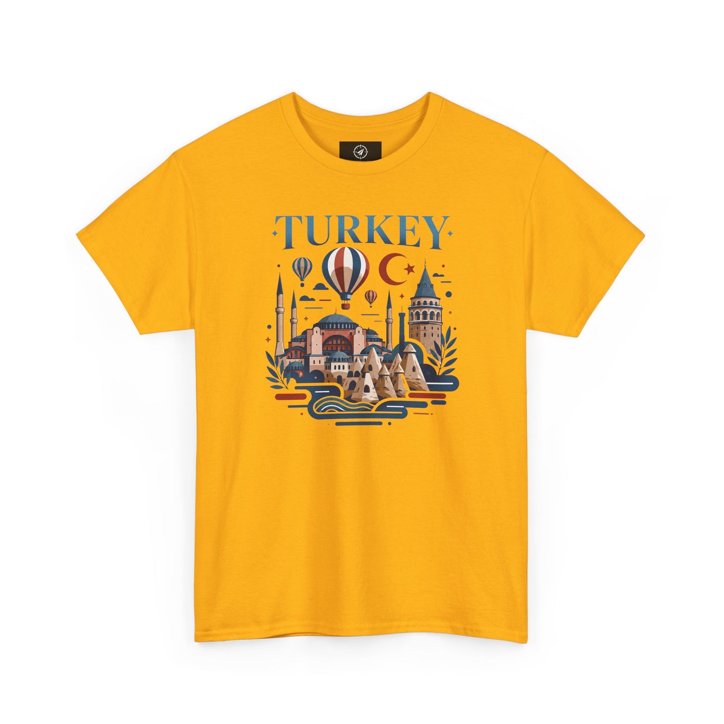 Orange T-shirt with Turkey skyline and hot air balloon graphic