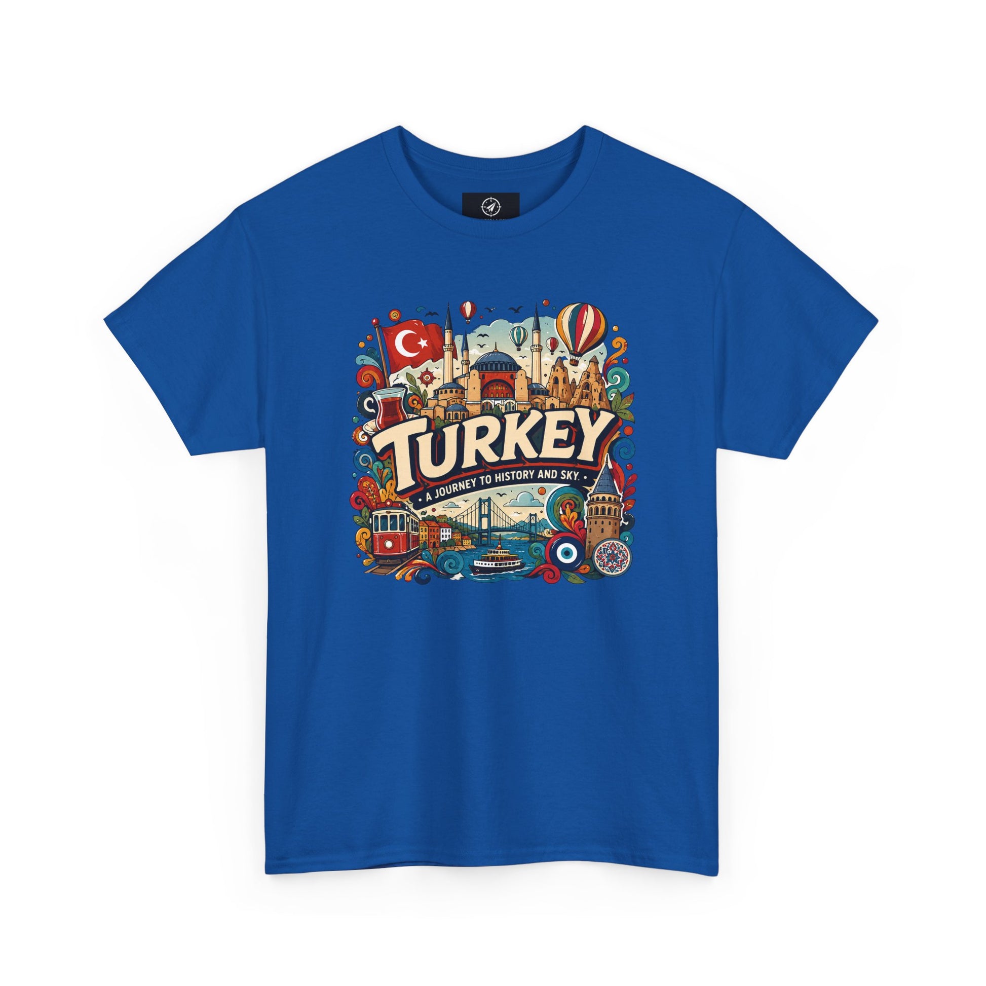Royal blue crewneck graphic tee with colorful “Turkey” Istanbul landmark print