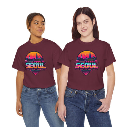 Maroon crew-neck T-shirt with colorful Seoul city sunset graphic on chest