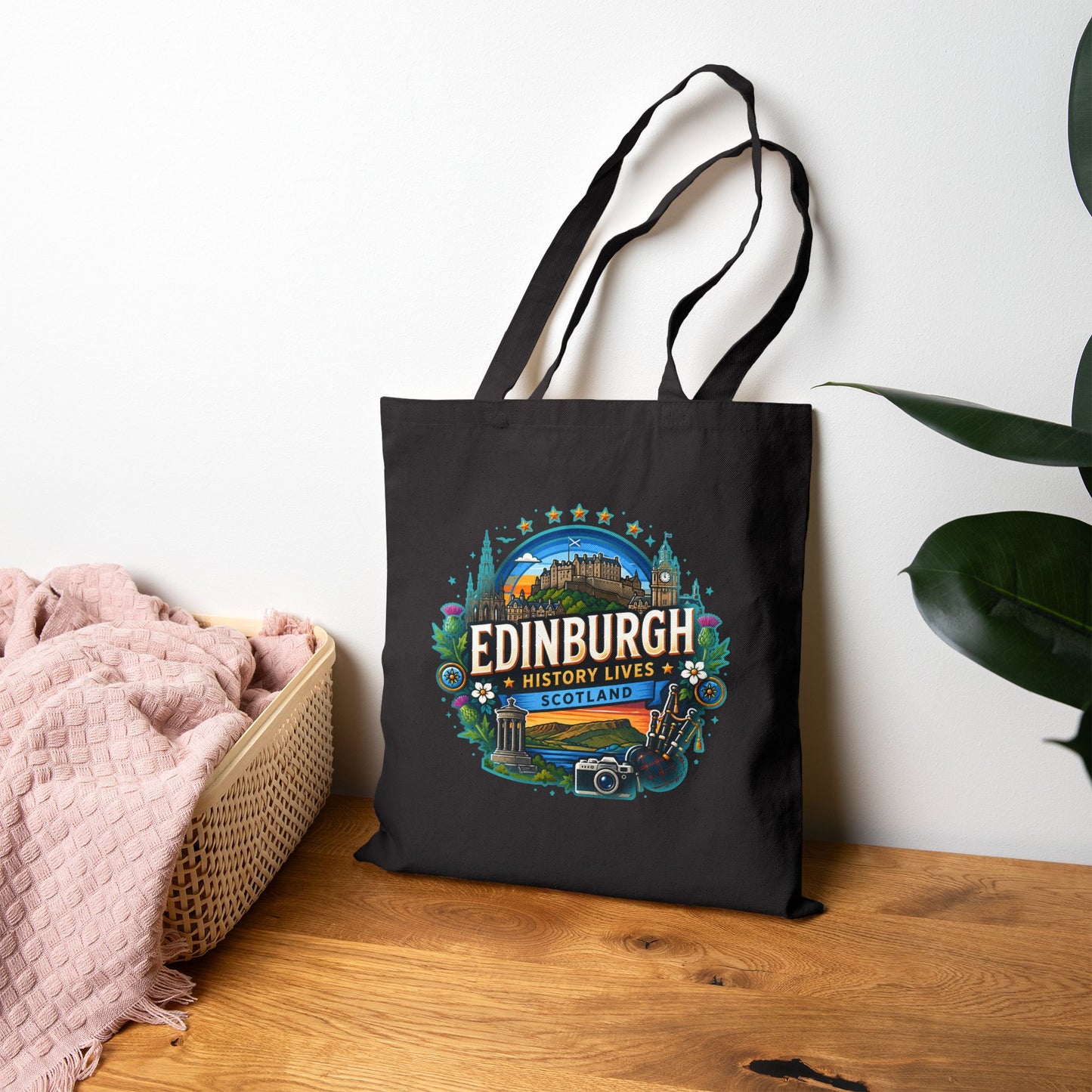 Black canvas tote bag with Edinburgh history lives Scotland logo print
