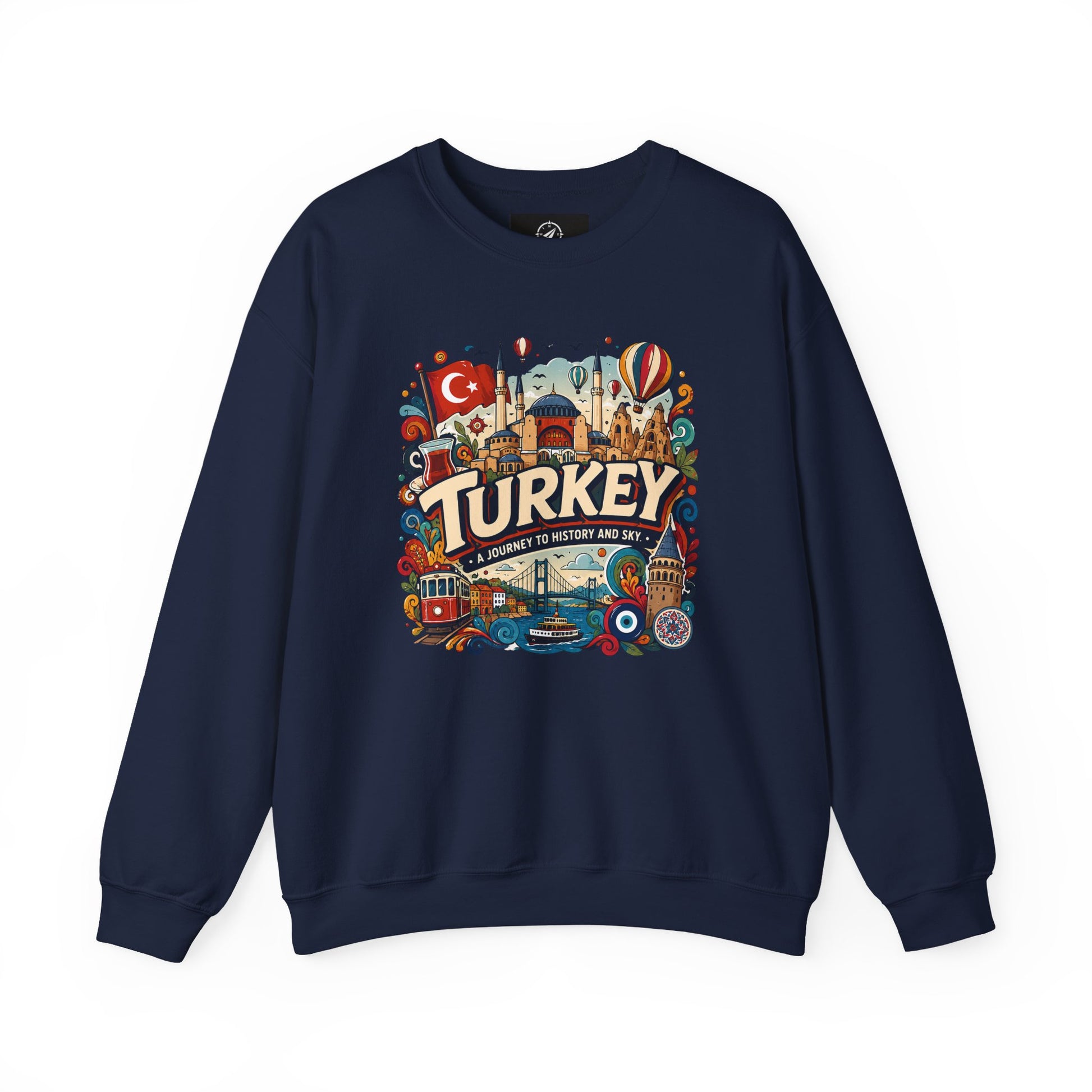 Navy crewneck sweatshirt with Turkey travel graphic on front
