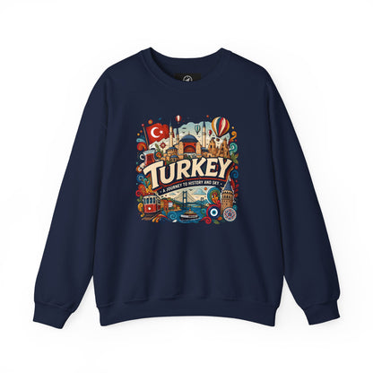 Navy crewneck sweatshirt with Turkey travel graphic on front