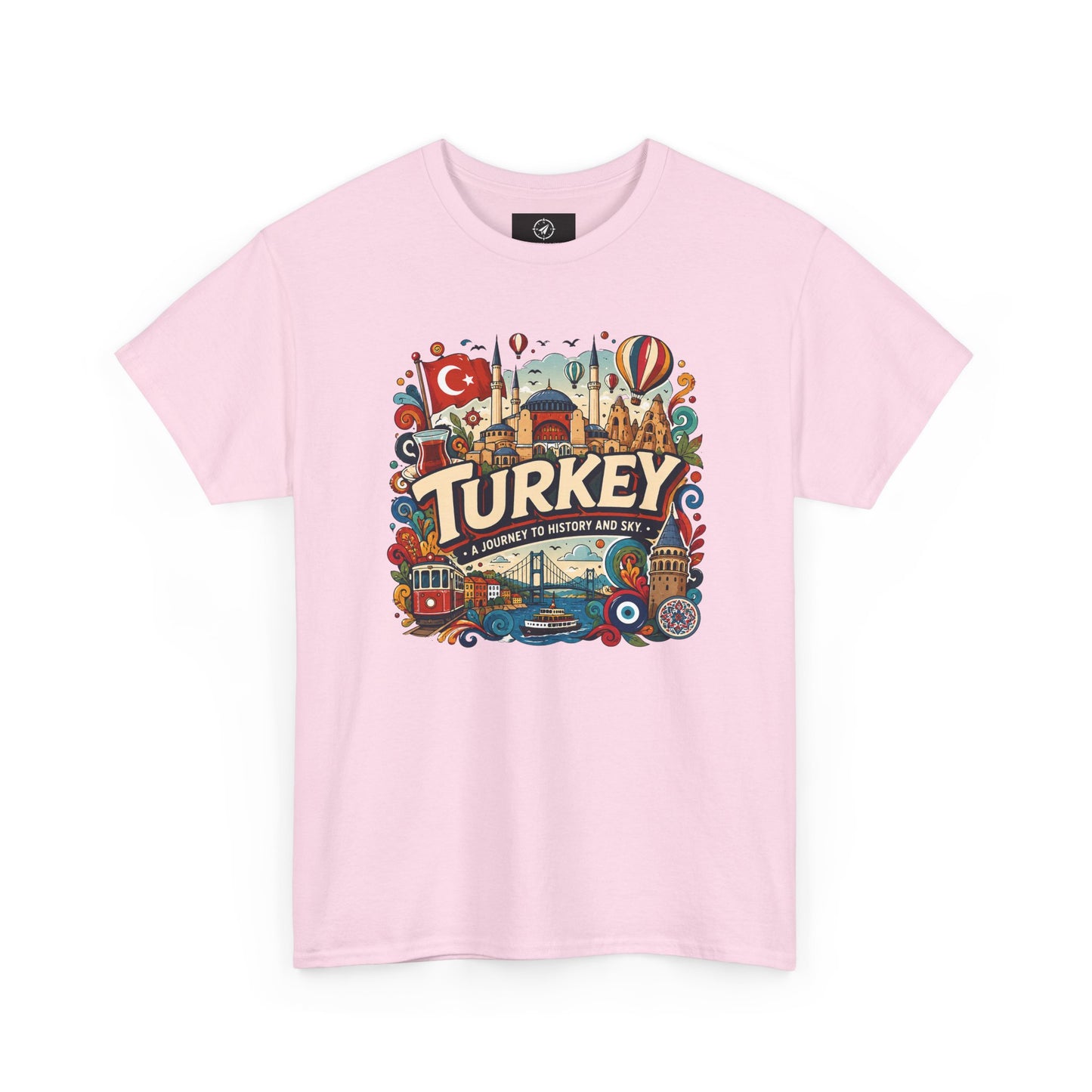 Light pink graphic tee with colorful Turkey city scene on the front