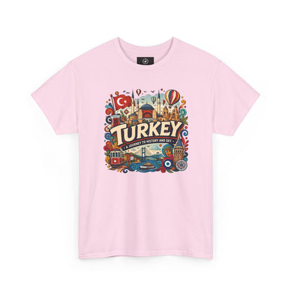 Light pink graphic tee with colorful Turkey city scene on the front