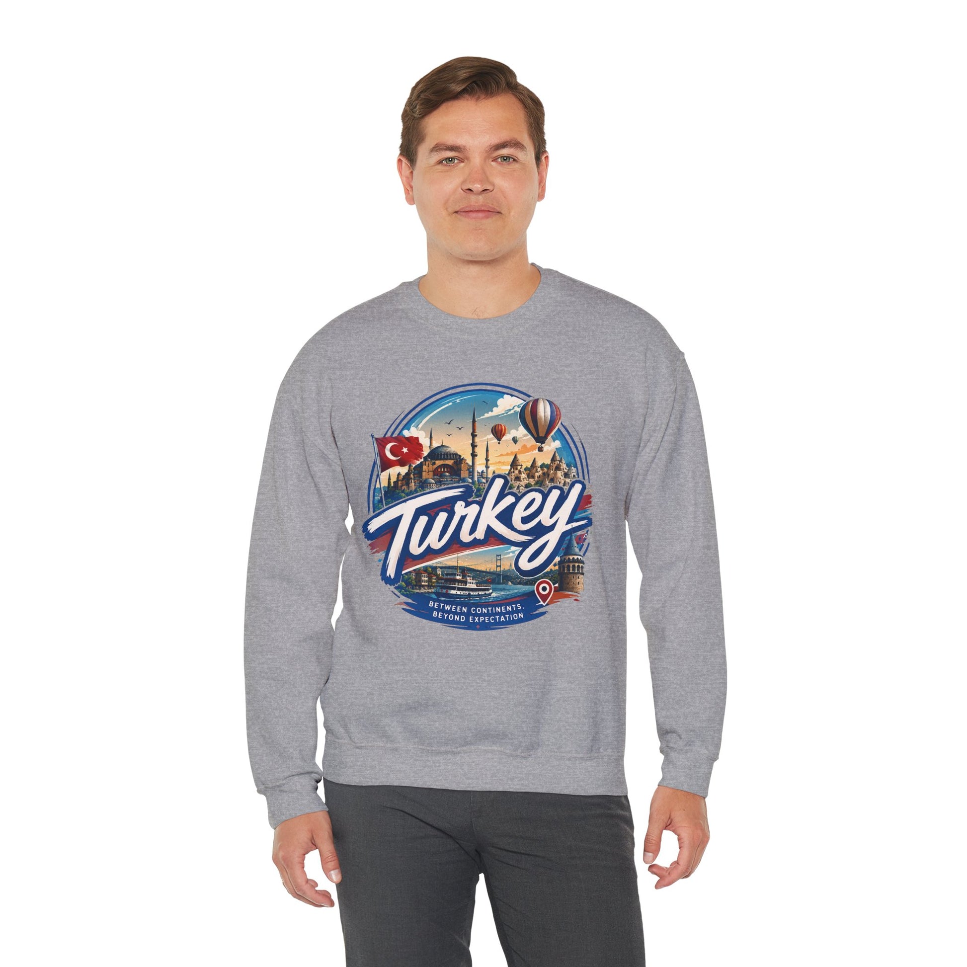 Heather gray crewneck sweatshirt with retro “Turkey” graphic on the chest