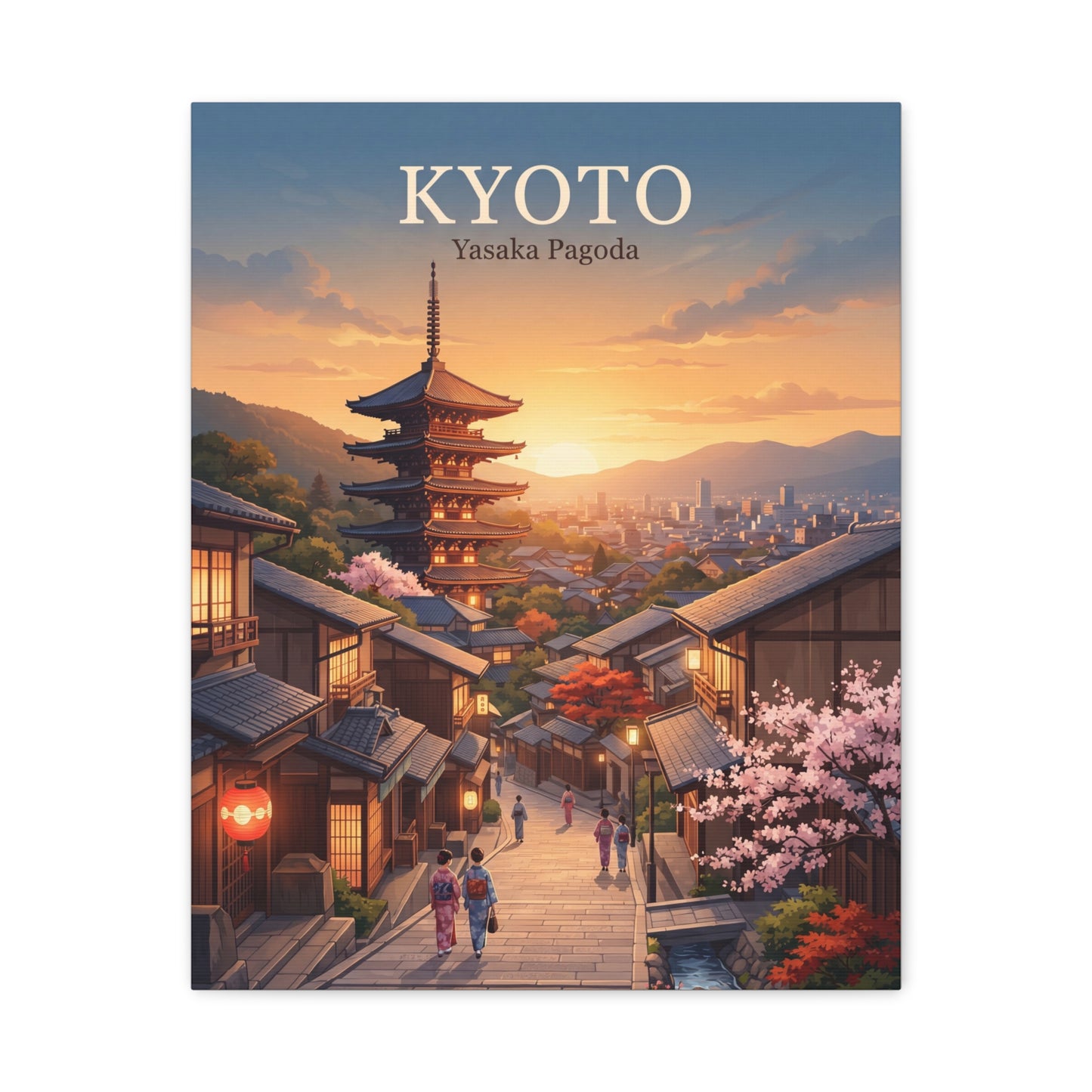 Matte canvas print of Kyoto street with Yasaka Pagoda at golden-hour sunset