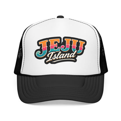 White and black foam trucker hat with front “JEJU Island” logo patch and brim