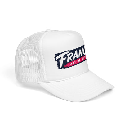 White trucker hat with mesh back, curved brim, and “FRANCE” front logo