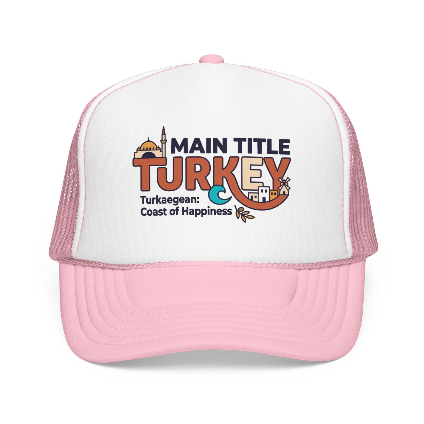White foam trucker hat with light pink brim and pink mesh sides, front Turkey logo.