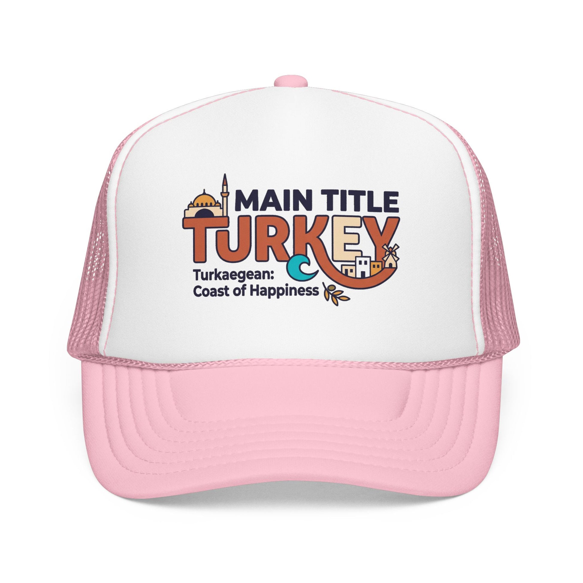White foam trucker hat with light pink brim and pink mesh sides, front Turkey logo.