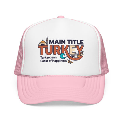 White foam trucker hat with light pink brim and pink mesh sides, front Turkey logo.
