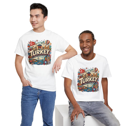 White crew-neck T-shirt with colorful Turkey graphic print, two model poses