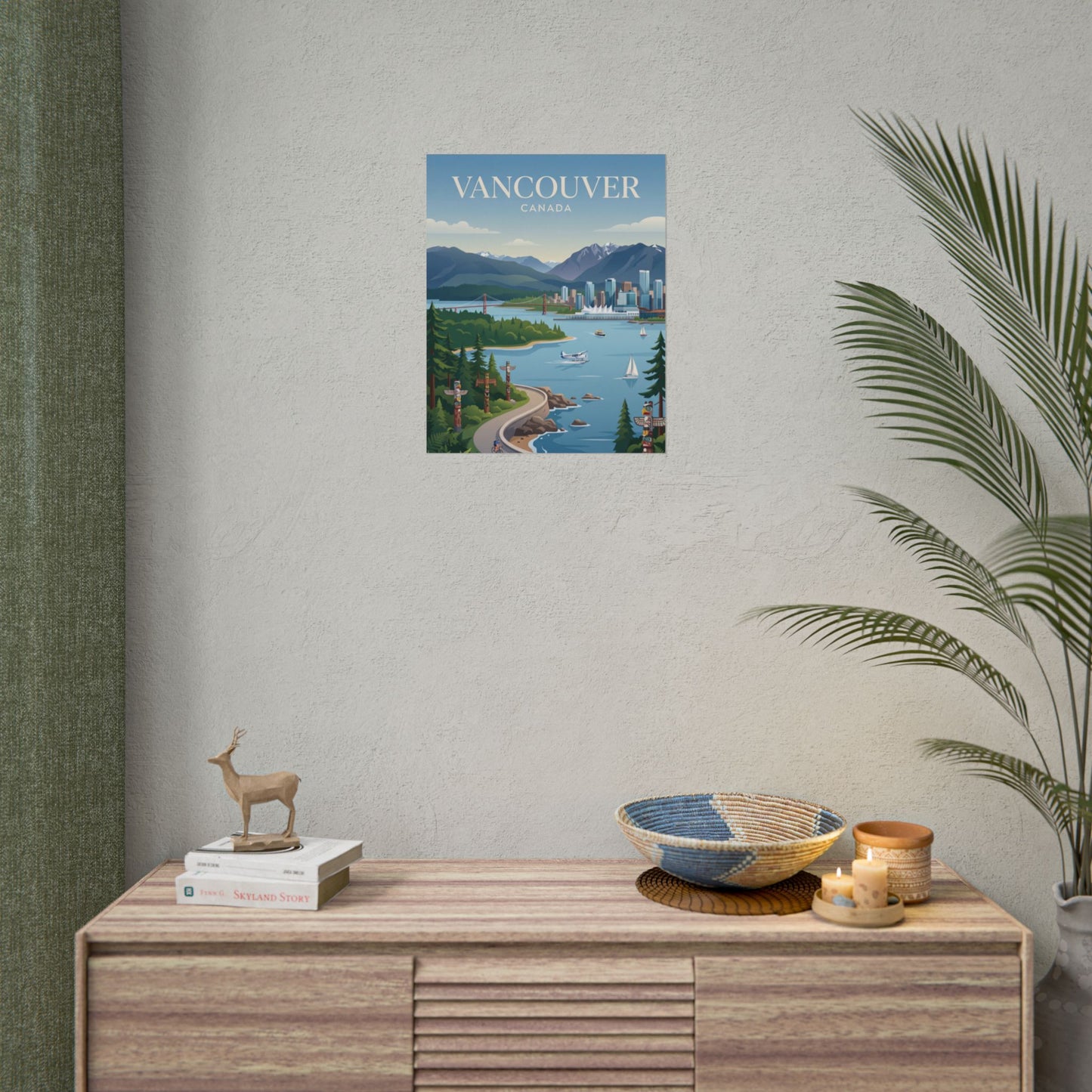 Small Vancouver Canada poster on wall, showing river, mountains, skyline, and boats