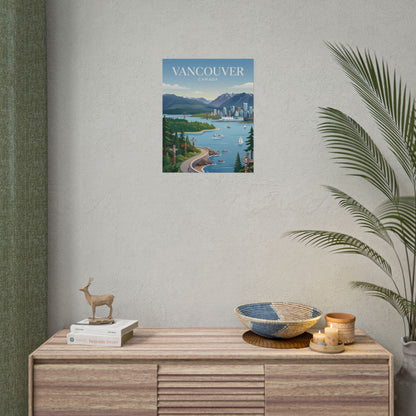 Small Vancouver Canada poster on wall, showing river, mountains, skyline, and boats