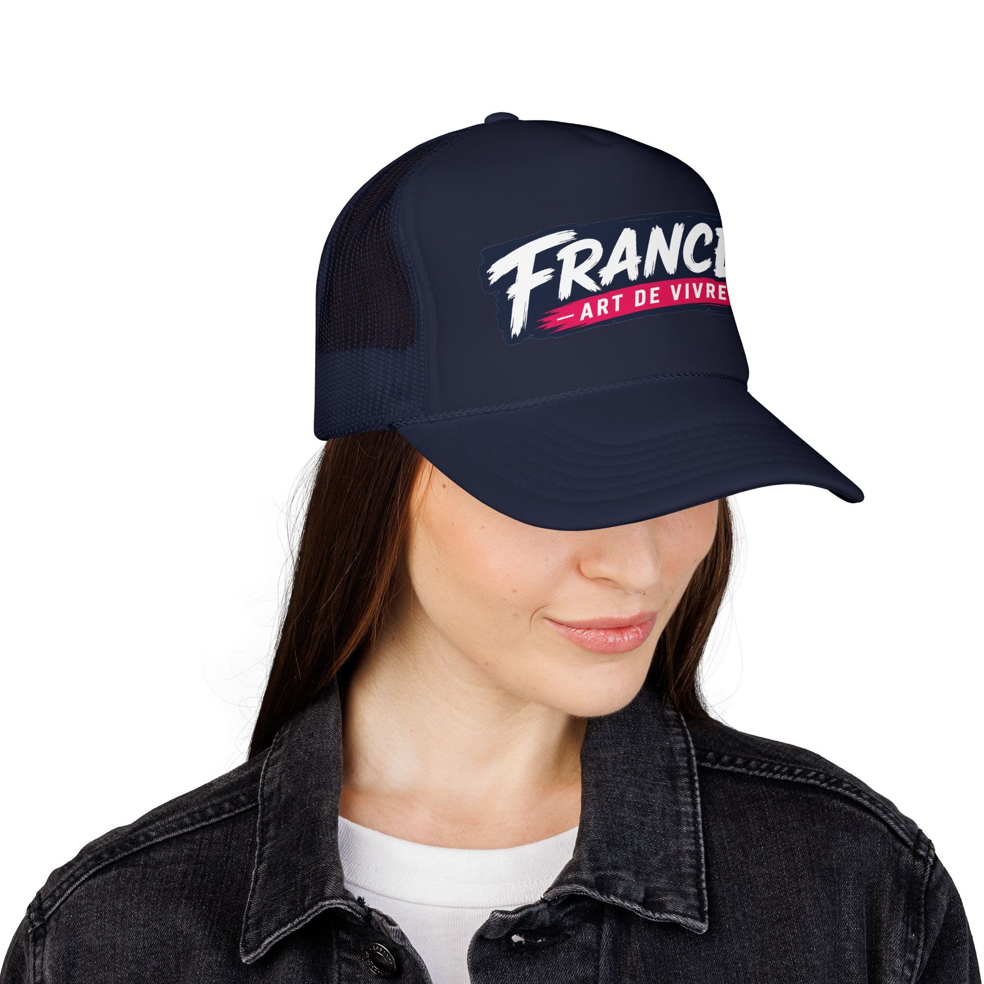 Dark navy trucker hat, angled view, white 'FRANCE' logo with 'Art de Vivre' below