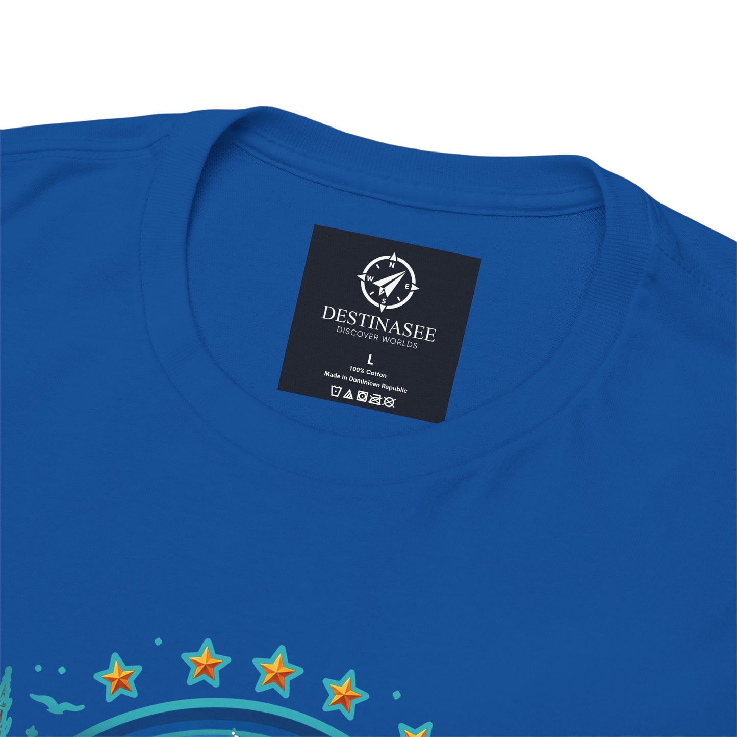 Royal blue T-shirt with back neck label and colorful star graphic