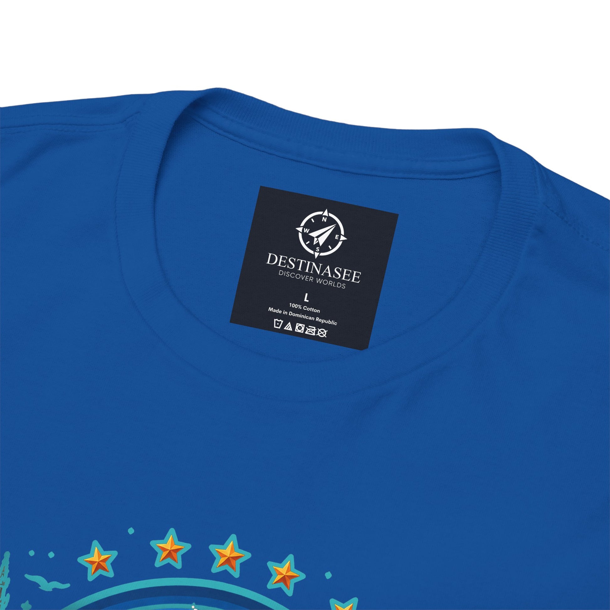 Royal blue T-shirt with back neck label and colorful star graphic