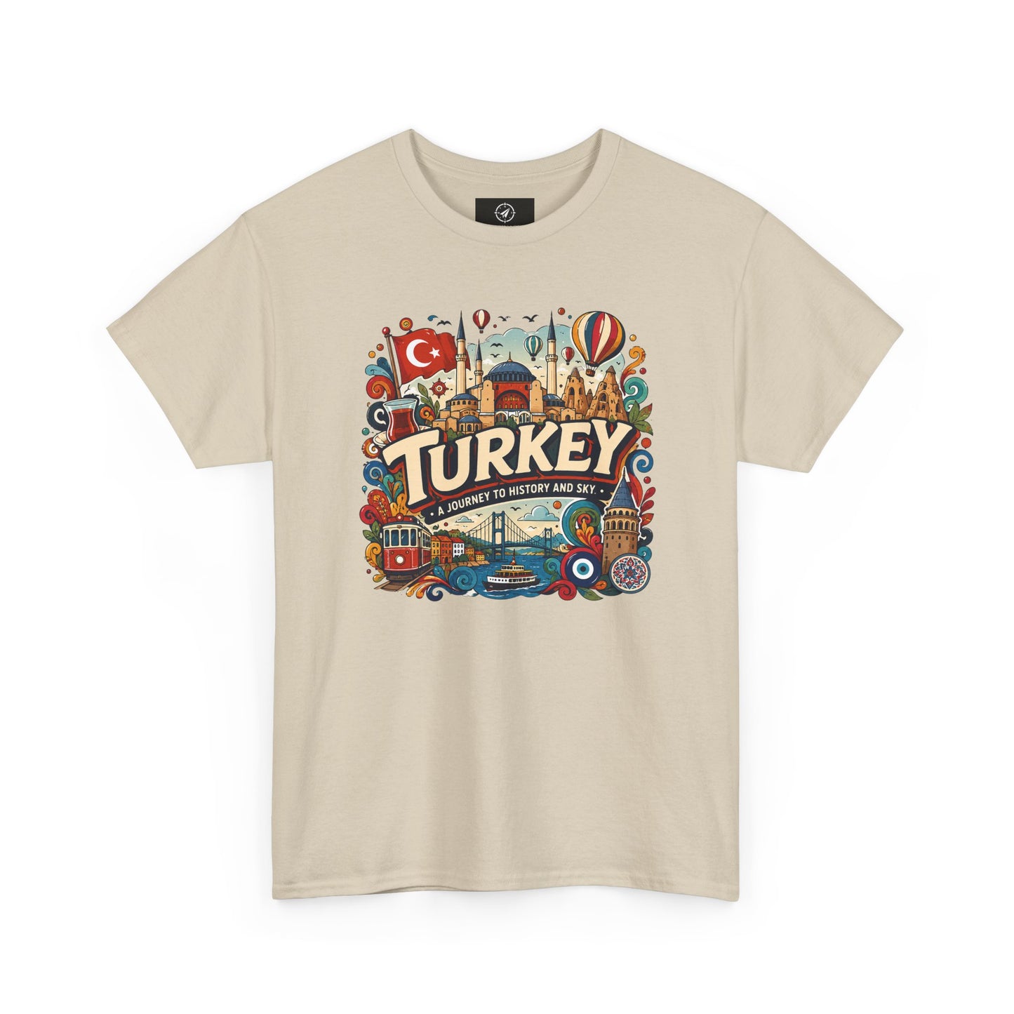 Beige crewneck graphic tee with colorful “Turkey” Istanbul landmark print