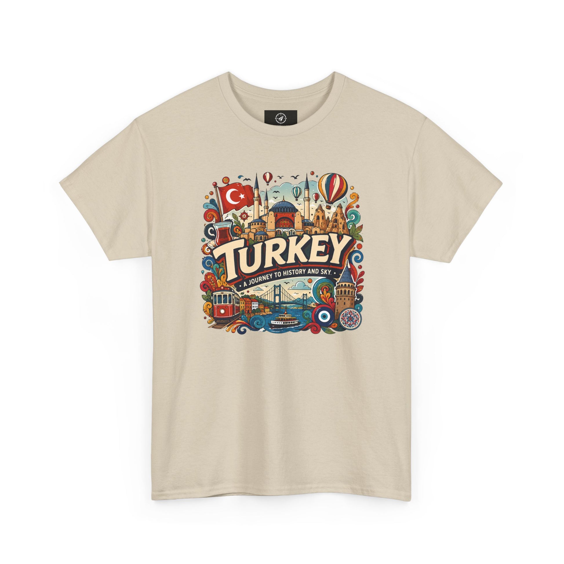 Beige crewneck graphic tee with colorful “Turkey” Istanbul landmark print