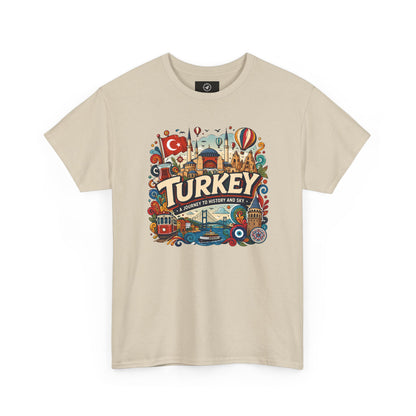 Beige crewneck graphic tee with colorful “Turkey” Istanbul landmark print