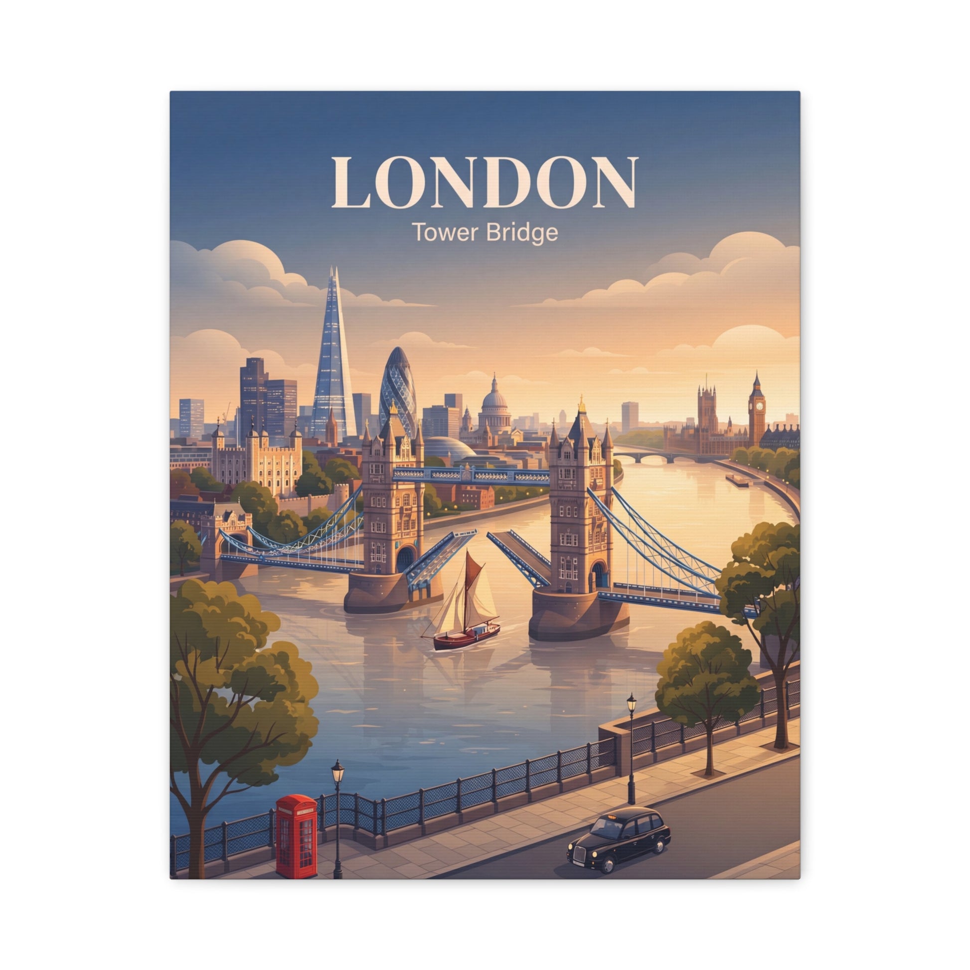 Front-view matte canvas wall art showing London Tower Bridge skyline and gold “LONDON” header