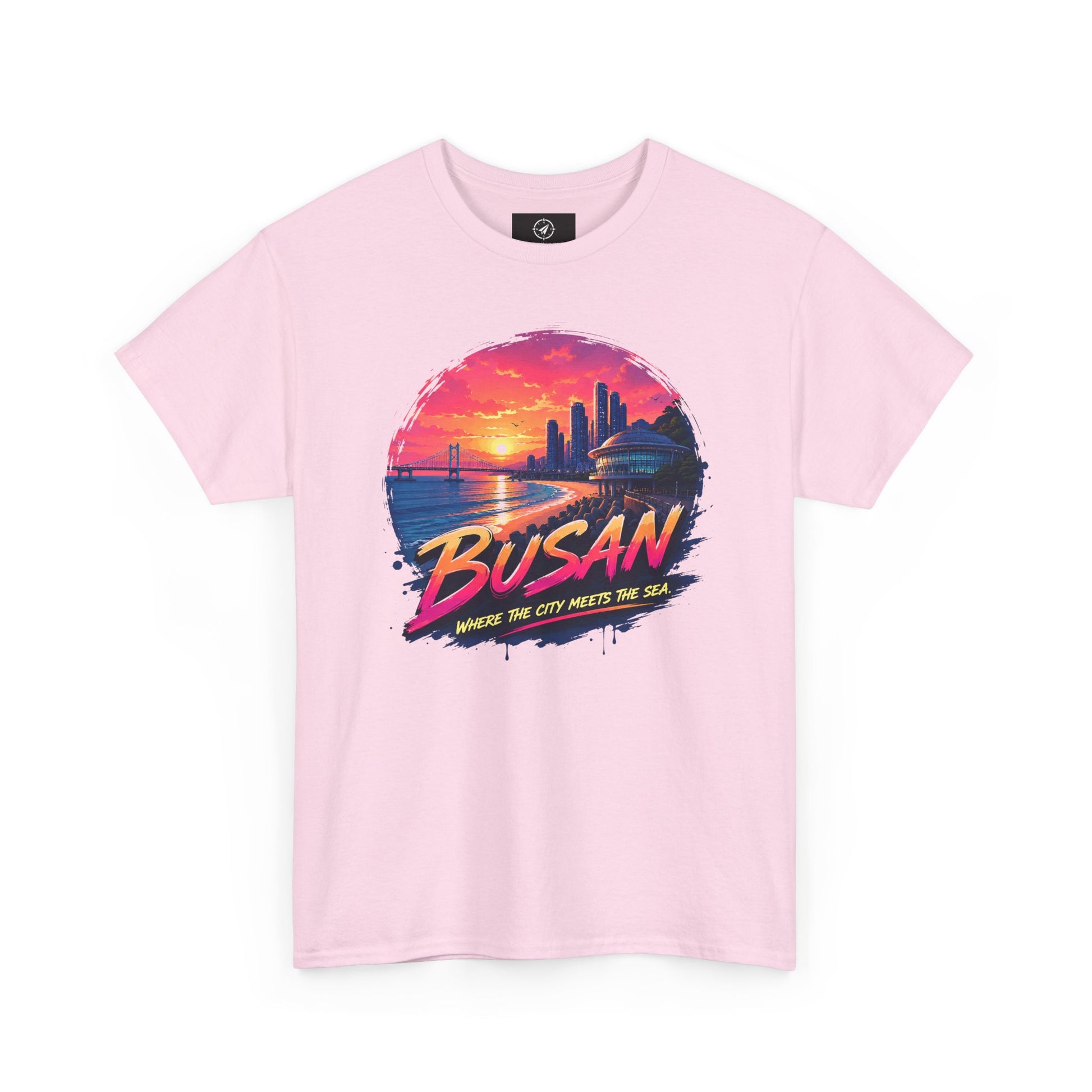 Light pink crew-neck T-shirt with a “Busan” seaside sunset graphic circle on front.